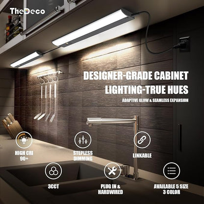 30 Inch LED Under Cabinet Light, Plug in Kitchen Lighting, 3CCT Selectable (3000K/4000K/5000K), CRI94 High Color Accuracy, Linkable, Slim Design Dimmable, Black
