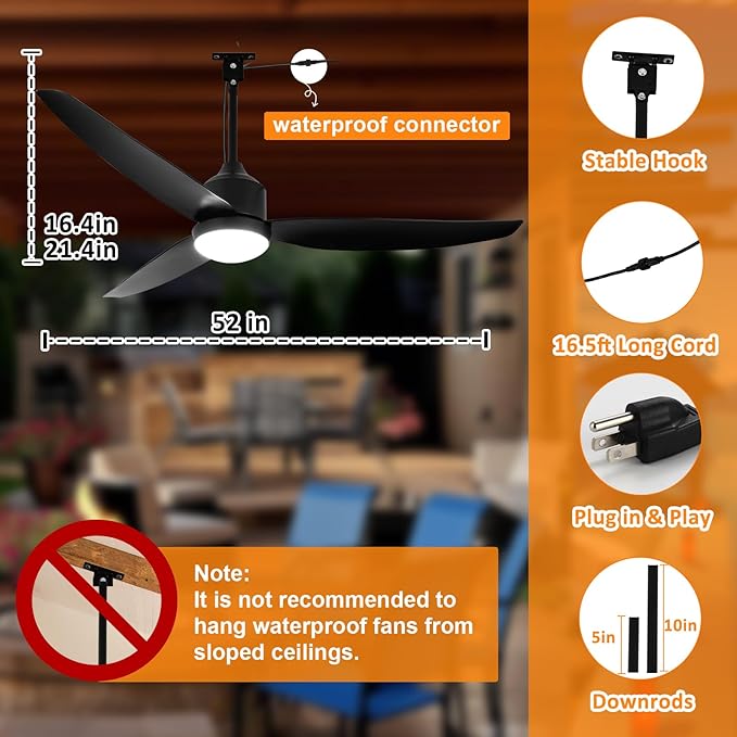 Depuley Outdoor Ceiling Fan with Light: 52 Inch Gazebo Fan Outdoor Hanging - Plug in Waterproof Fans with Lights for Patio - Dimmable Remote App Control Black