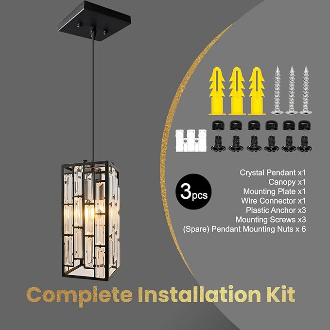 Black Crystal Pendant Lights for Kitchen Island, 3 Pack Modern Mini Hanging Light Fixtures with Adjustable Cord, E26 Ceiling Pendant Lighting for Dining Room, Entryway, Hallway, Bar