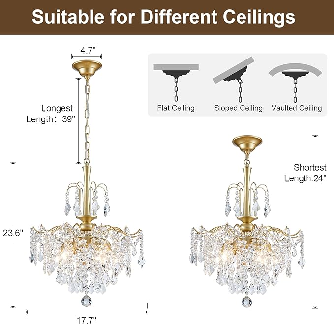 Crystal Chandeliers for Dining Room, Modern Gold Chandelier Light Fixture, Crystal Kitchen Ceiling Hanging Pendant Light 6 Lights for Living Room Hallway Bathroom Bedroom Foyer