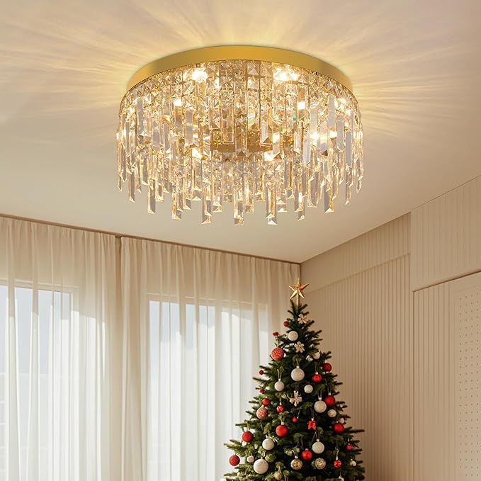 VETRULUS Gold Crystal Chandeliers for Dining Room 19.68" Round Luxury Flush Mount Crystal Ceiling Light Fixture Modern Chandelier for Bedroom Living Room Kitchen Island