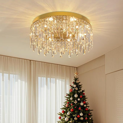 VETRULUS Gold Crystal Chandeliers for Dining Room 19.68" Round Luxury Flush Mount Crystal Ceiling Light Fixture Modern Chandelier for Bedroom Living Room Kitchen Island