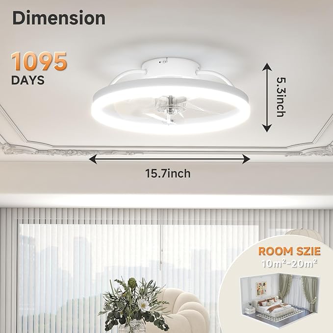 VOLISUN Low Profile Ceiling Fan with Lights and Remote, 15.7in Bladeless Ceiling Fans with Light Flush Mount, 3000K-6500K Dimmable Modern LED Fan Light, White Fandelier Ceiling Fans for Bedroom