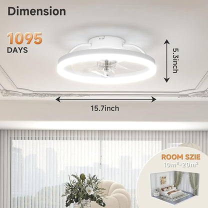 VOLISUN Low Profile Ceiling Fan with Lights and Remote, 15.7in Bladeless Ceiling Fans with Light Flush Mount, 3000K-6500K Dimmable Modern LED Fan Light, White Fandelier Ceiling Fans for Bedroom