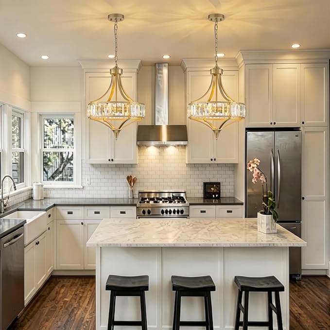 Gold Vintage Chandeliers for Dining Room, 15.7" Modern Crystal Round Pendant Lights Kitchen Island Over Table,4-Light Foyer Chandelier for Entryway Bathroom Bedroom Living Room
