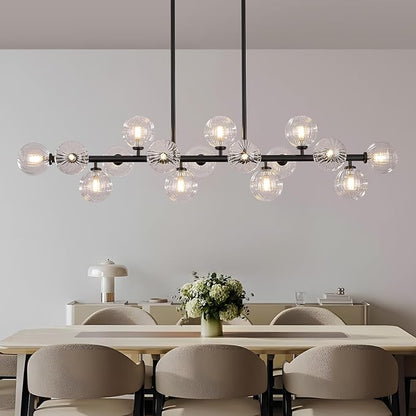 Large Linear Chandeliers for Dining Room Kitchen Island, 55" Long Light Fixture Over Table, 16-Light Modern Glass Globe Sputnik Farmhouse Chandelier, Black and Clear Bubble, GC-08