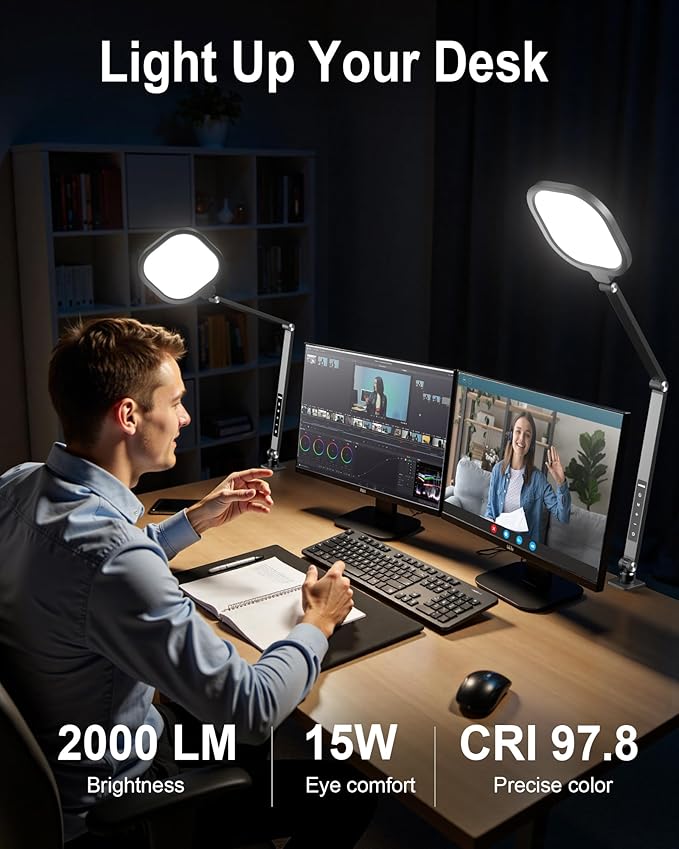 LitONES Desk Lamp with Clamp for Home Office, Advanced Eye-Caring Zoom Lighting for Video Calls with 2000LM, 15W, CRI >97.8, 3 Colors & 10 Brightness, Remoted Desk Light with Memory & Timer