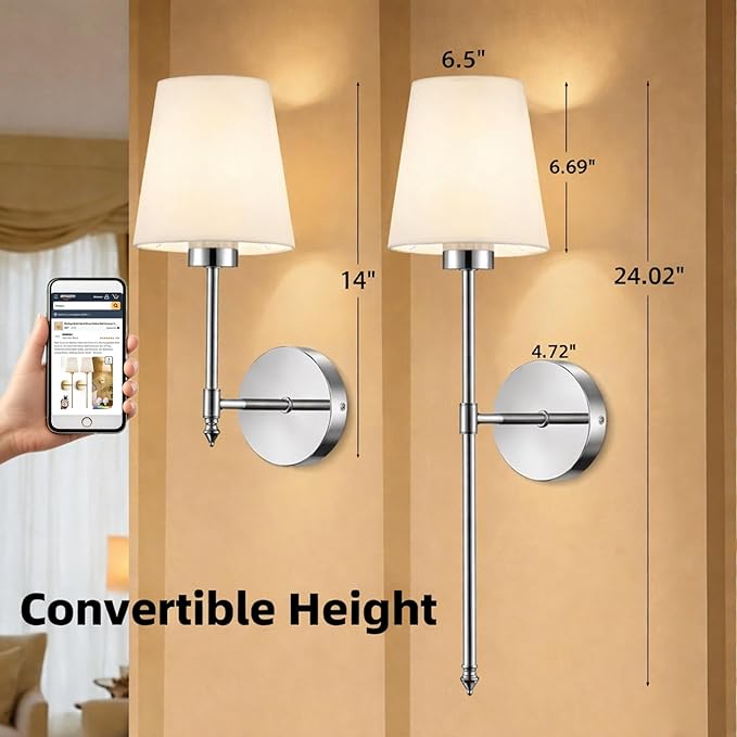 IRONPAX Wall Sconces Battery Operated Set of 2, Wireless Rechargeable Wall Sconce Set of Two, Dimmable Wall Lights with Remote for Bedroom Living Room Hallway Decor (Brushed Nickel, Fabric Shade)