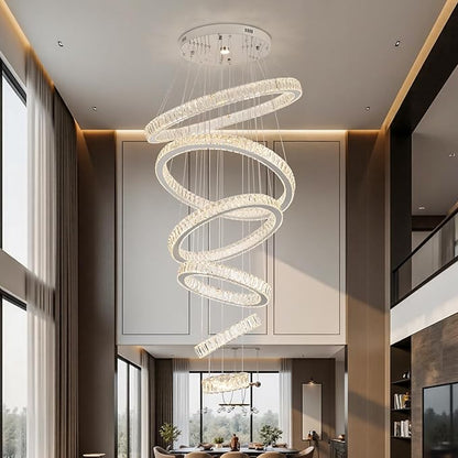 Finktonglan 6-Ring Crystal LED Chandelier, Dimmable Pendant with Remote, Adjustable Height 118", K9 Stainless Rings (Ø7.9–27.6"), 3000–6500K, Memory/Timer for Stairwell Foyer Living Room