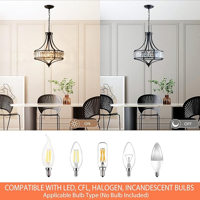 Crystal Chandeliers for Dining Room, Round Rustic Farmhouse Chandelier, Metal Shade, 4-Light Modern Chandelier for Hallway, Bedroom, Foyer Black