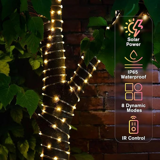 ANJAYLIA 66FT 200 LED Solar Rope Lights Outdoor Waterproof, Solar Powered Rope String Light with 8 Mode & Timer Remote, for Outdoor, Patio, Garden, Camping, Holiday & Christmas Décor Warm White