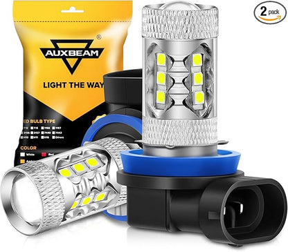 Auxbeam H11 Fog Light Bulbs, 8000LM 6500K Bright White 400% Brightness H8 H9 Fog Lights Replacement,1:1 Size, Plug-N-Play, Pack of 2