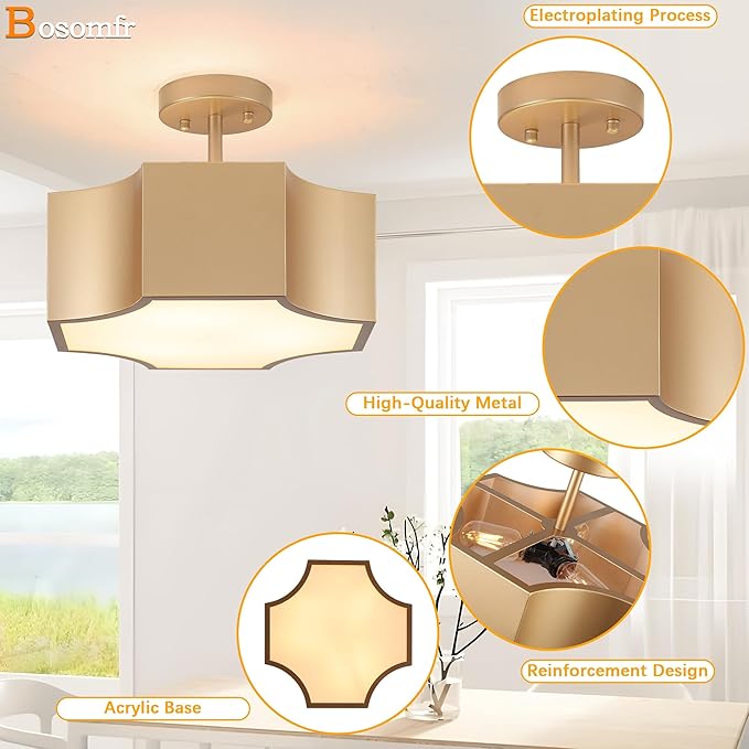 12.6'' Modern Gold 3-Light Ceiling Light Fixture, Metal Industrial Semi Flush Mount Close to Ceiling Light, Farmhouse Light Fixtures Ceiling Mount, Geometry Chandelier for Kitchen, Dining Room