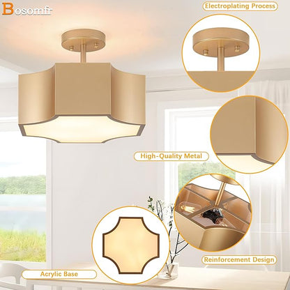 12.6'' Modern Gold 3-Light Ceiling Light Fixture, Metal Industrial Semi Flush Mount Close to Ceiling Light, Farmhouse Light Fixtures Ceiling Mount, Geometry Chandelier for Kitchen, Dining Room