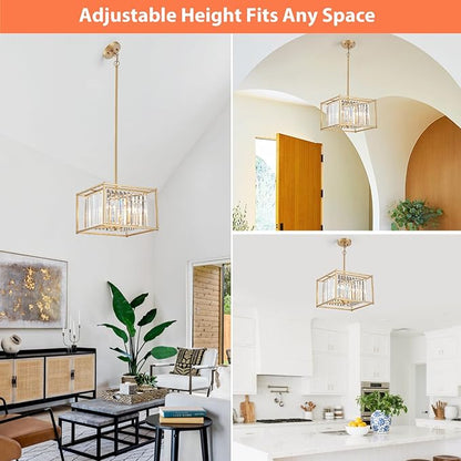 Gold Crystal Chandeliers for Dining Room Square 4-Light Height Adjustable 13" Modern Farmhouse Geometric Pendant Lighting Fixture for Bedroom Entryway Foyer Hallway