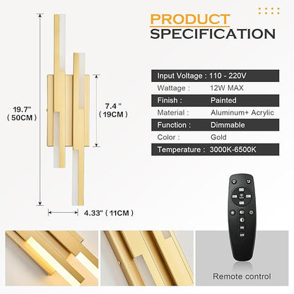 Benkut Modern LED Vanity Lights Set of 2, Gold Wall Sconce with Remote Control Dimmable Indoor Wall Light Bedside Remote Sconce for Bedroom Bathroom Living Dining Room (2 Pack H19.7’’)