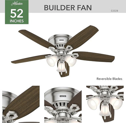 Hunter 52 inch Indoor Ceiling Fan with LED Lights - Ceiling Fan with Pull Chain, For Bedroom, Living Room, or Kitchen, Low Profile Flush Mount, No Remote, 5 Blades - Builder 53328, Brushed Nickel