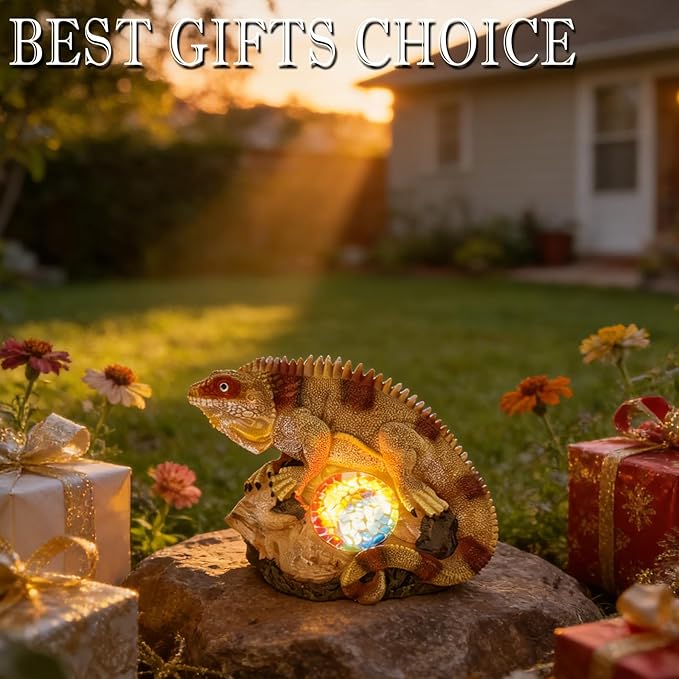Solar Iguana Garden Statues Decor for Outdoor, Khaki Iguana Figurine Lights for Lawn Patio Yard Decoration - Unique Christmas Housewarming Gifts for Grandma Wowen Mom