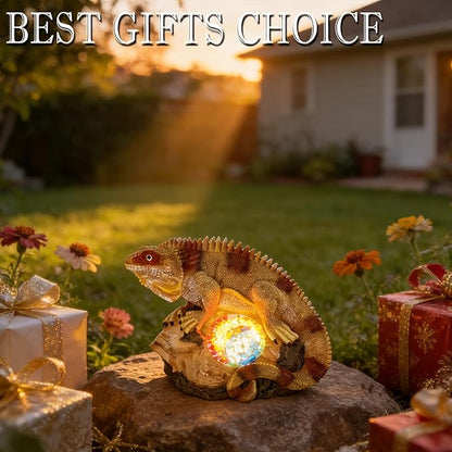 Solar Iguana Garden Statues Decor for Outdoor, Khaki Iguana Figurine Lights for Lawn Patio Yard Decoration - Unique Christmas Housewarming Gifts for Grandma Wowen Mom