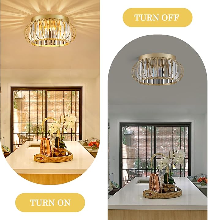 3-Light Modern Crystal Chandelier Gold Flush Mount Ceiling Light Fixtures for Hallway Foyer Bedroom Kitchen Dining Room Living Room, Metal Indoor ‎Close to Ceiling Lamp