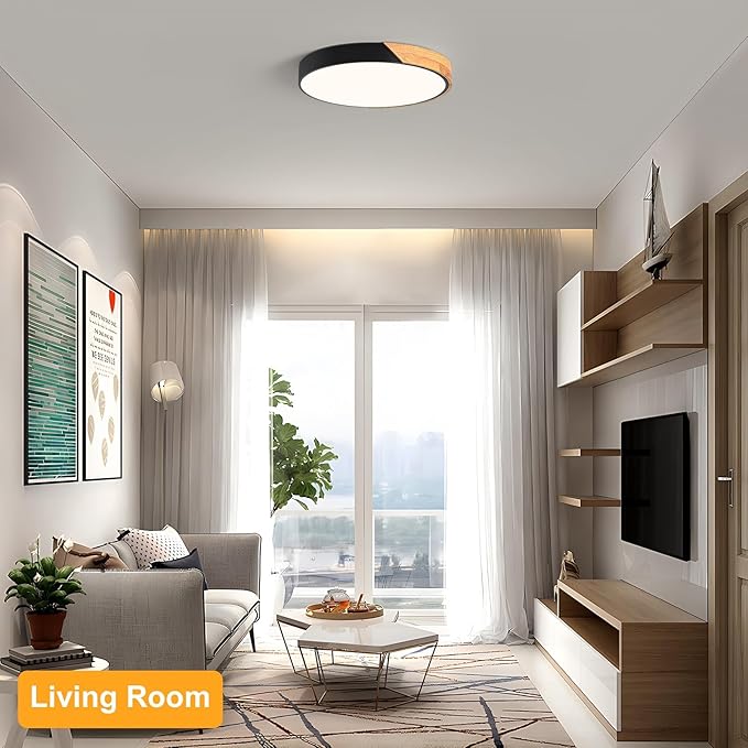 Modern LED Ceiling Light, Minimalist Wood Flush Mount Ceiling Light Fixture, 4000K Not Dimmable, Circle Lighting Lamp with Acrylic Lampshade for Bedroom Dining Room Laundry (Black,15.8")