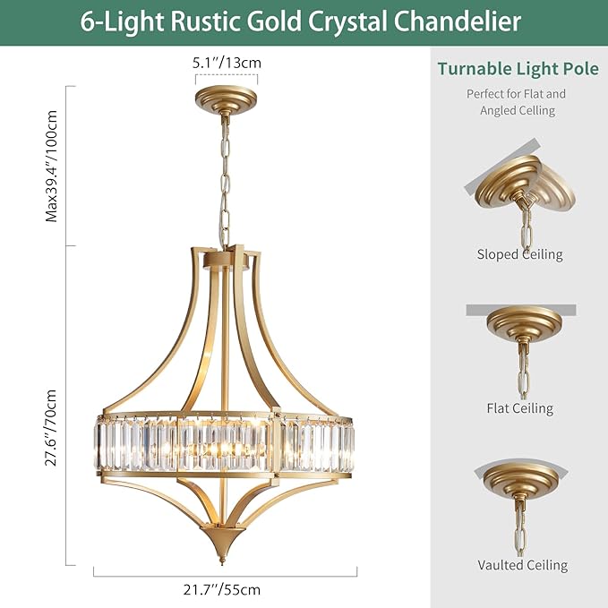 Modern Gold Crystal Chandelier, 6-Light Round Pendant Lighting Fixtures, 21.6" Height Adjustable Ceiling Light for Living Room, Kitchen, Dining Room