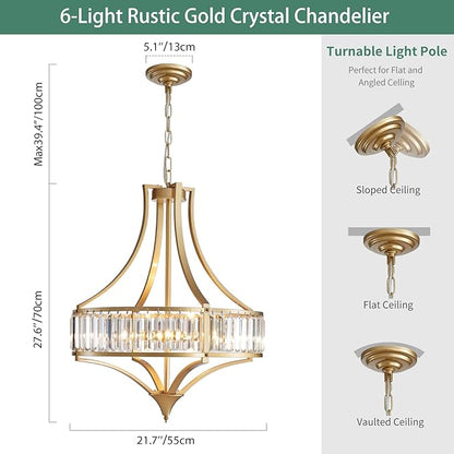 Modern Gold Crystal Chandelier, 6-Light Round Pendant Lighting Fixtures, 21.6" Height Adjustable Ceiling Light for Living Room, Kitchen, Dining Room