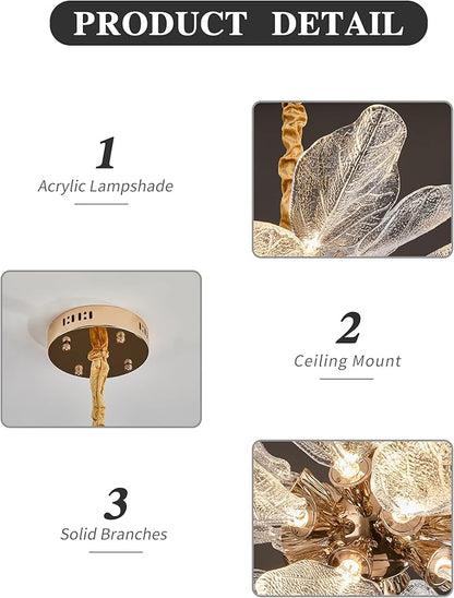 Modern Tree Branch Leaf Chandelier, 18-Light 25.59" Luxury Gold Pendant Lighting, LED 40W 3000K Warm White Chandeliers, Adjustable Height for Living Room, Dining Room, Bedroom, Kitchen Island