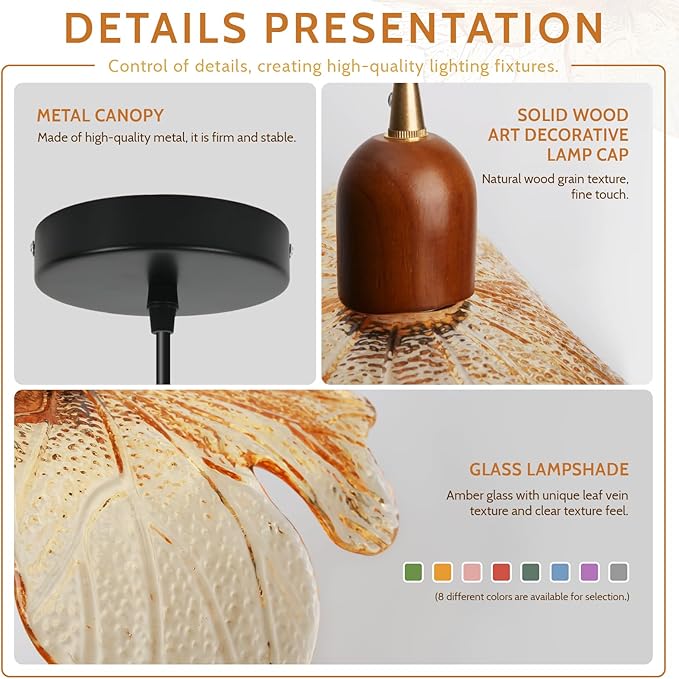 15.75" Large Flower Petal Adjustable Hanging Ceiling Light, Amber Glass Pendant Light Mid-Century Modern Wood & Metal Pendant Lamp for Dining Room Kitchen Island