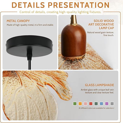 15.75" Large Flower Petal Adjustable Hanging Ceiling Light, Amber Glass Pendant Light Mid-Century Modern Wood & Metal Pendant Lamp for Dining Room Kitchen Island