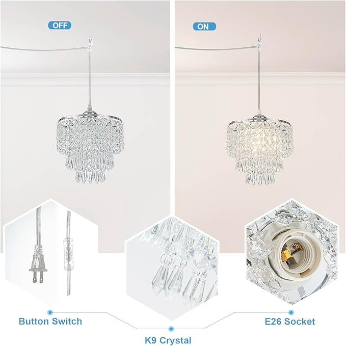8" Hanging Lamp Plug in Chandelier Hanging Lights with Plug in Cord Pendant Light Plug in with 16.4ft Cord for Bedroom Kitchen Island Hallway Bathroom Closet (Chrome)