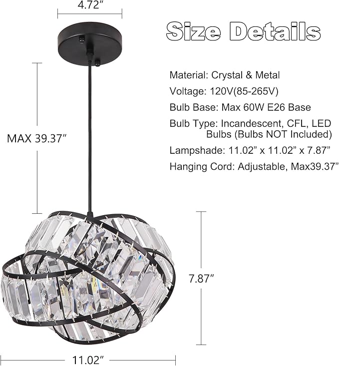 Modern Crystal Chandelier Light Fixure Mid Century Modern Geometric Black Ring Chandelier Vintage Small Crystal Black Chandeliers for Dining Room, Kitchen Island, Bedroom, Foyer
