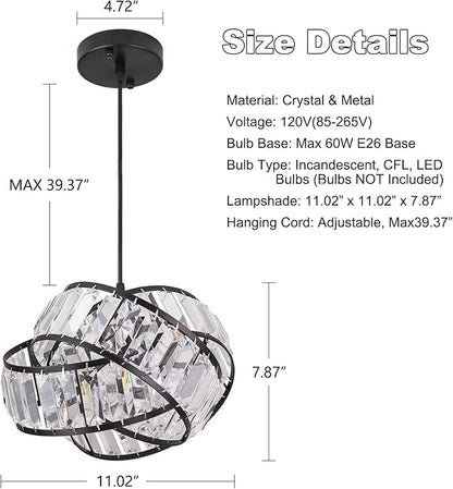 Modern Crystal Chandelier Light Fixure Mid Century Modern Geometric Black Ring Chandelier Vintage Small Crystal Black Chandeliers for Dining Room, Kitchen Island, Bedroom, Foyer