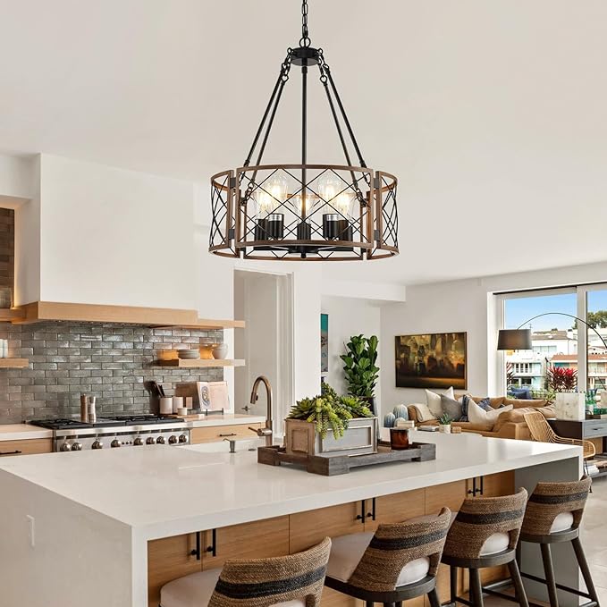 21'' Farmhouse Chandelier, 5-Light Black & Wood Grain Dining Room Light Fixture Over Table, Rustic Industrial Drum Hanging Pendant Lights Fixture for Kitchen Island Bedroom Hallway Foyer Entryway