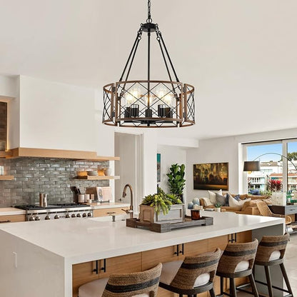 21'' Farmhouse Chandelier, 5-Light Black & Wood Grain Dining Room Light Fixture Over Table, Rustic Industrial Drum Hanging Pendant Lights Fixture for Kitchen Island Bedroom Hallway Foyer Entryway