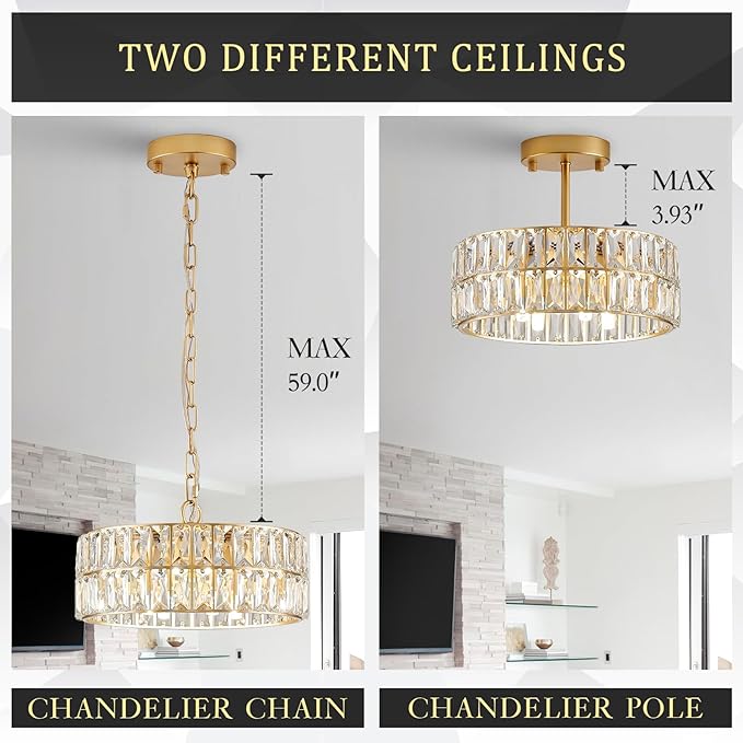 CATINER Small Gold Crystal Chandeliers, Modern Semi Flush Mount Chandelier 4-Light Drum Crystal Ceiling Pendant Light Fixture 12” for Foyer Entryway Kitchen Hallway Dining Room