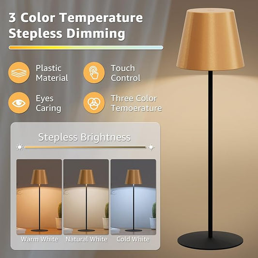 uuffoo 2 Pack Cordless Table Lamp Rechargeable 5000mAH Battery Operated Lights Touch Control LED Portable Desk Lamps 3 Color Dimming for Outdoor Coffee Bedroom Kitchen (Gold+Black)