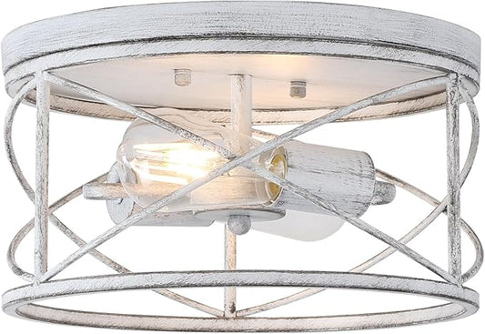 2-Light Flush Mount Distressed White Ceiling Light Fixture, Farmhouse Vintage Industrial Metal Cage, Dimmable for Hallway Kitchen Bedroom Living Room Laundry Utility Room Bathroom Entryway