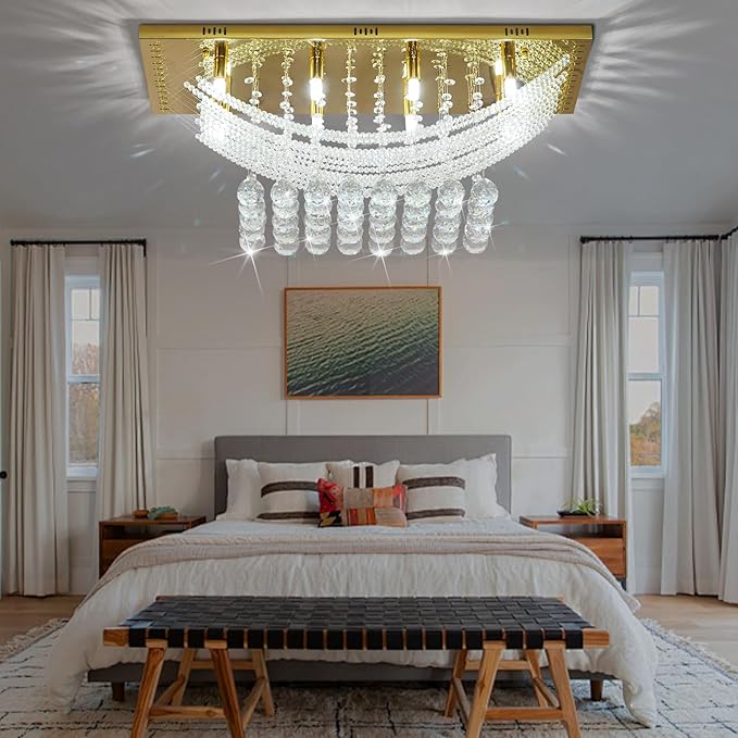 Modern Chandelier Crystal Chandelier Flush Mount Chandelier Gold Rectangle Crystal Raindrop Chandelier 8 Lights Ceiling Light Fixture Pendant Lamp for Kitchen Island Dining Room Closet Wedding Decor