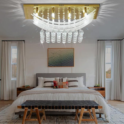 Modern Chandelier Crystal Chandelier Flush Mount Chandelier Gold Rectangle Crystal Raindrop Chandelier 8 Lights Ceiling Light Fixture Pendant Lamp for Kitchen Island Dining Room Closet Wedding Decor