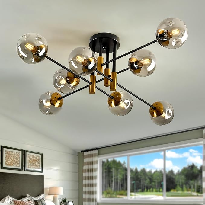 8 Light Glass Globe Ceiling Light Black and Gold Mid Century Flush Mount Sputnik Light Fixture Bubble Chandelier Living Room Farmhouse for Dining Room Kitchen Bedroom.