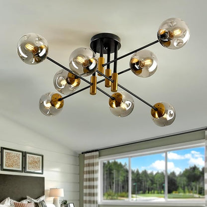 8 Light Glass Globe Ceiling Light Black and Gold Mid Century Flush Mount Sputnik Light Fixture Bubble Chandelier Living Room Farmhouse for Dining Room Kitchen Bedroom.