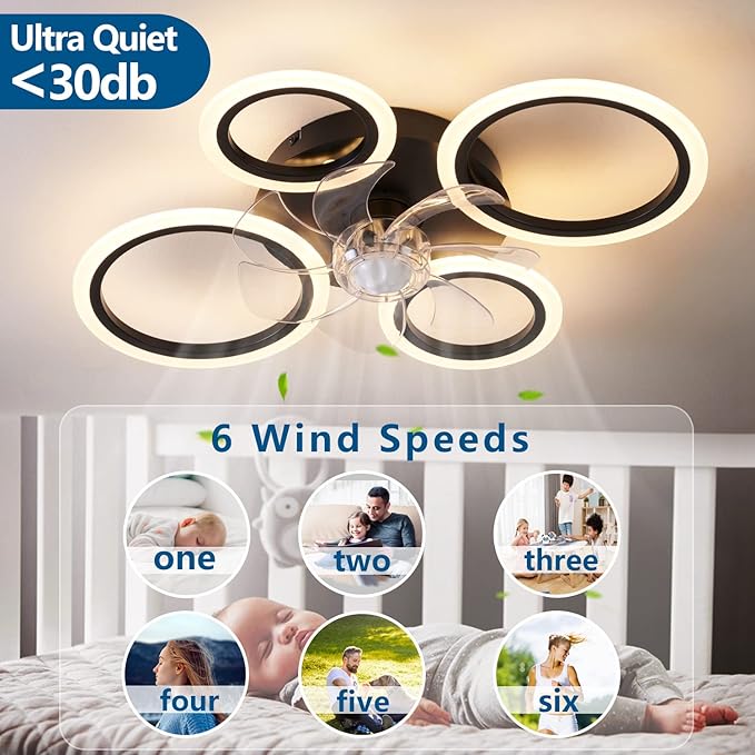 26" Geometric Ceiling Fan with Lights Remote Control, 3 Colors, 6 Speeds, Bladeless, Low Profile for Kitchen, Bedroom