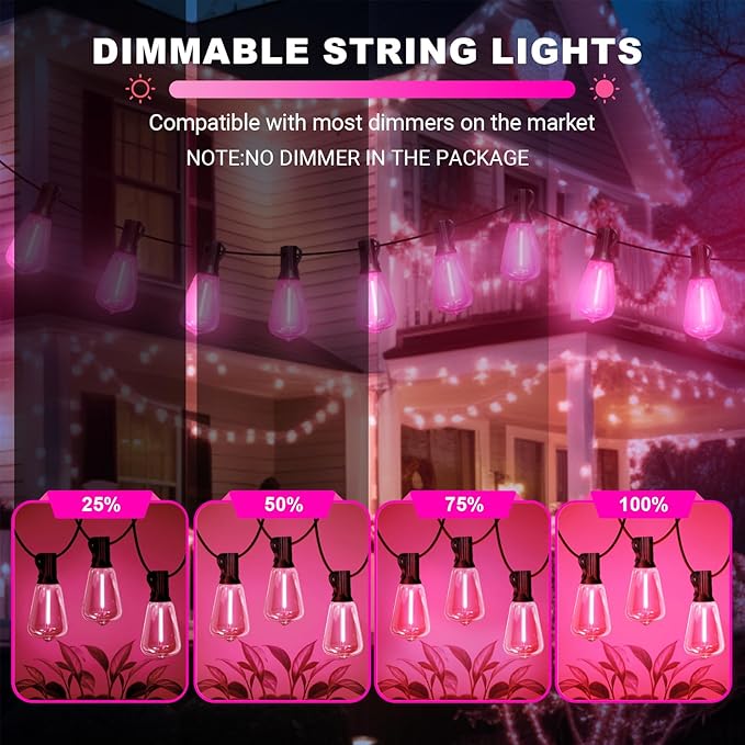 LAMPHOME 4-Pack 26Ft ST38 Outdoor String Lights, Pink LED Shatterproof Patio Lights with 12+1 Edison Bulbs for Valentine's Day, Christmas, Bistro, Wedding & Party Decor