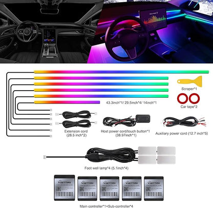 Dreamcolor Acrylic Interior Car LED Strip Light with Wireless APP, Dual Zone RGB 10 in 1 with 175 inches 593 Neon Car Ambient Lighting Kits, Music Sync LEDs Fiber Optic Strip Neon Lights for Car