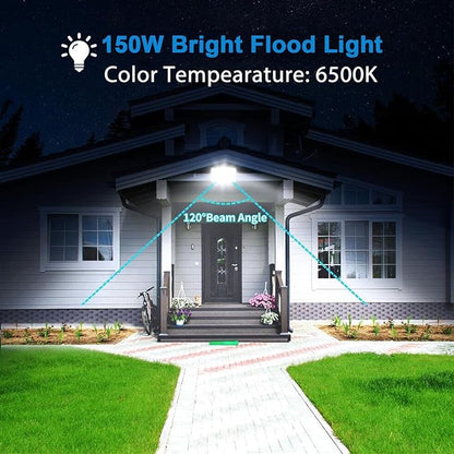 LED Flood Lights Outdoor, 2 Pack 150W 15000LM Bright Exterior Floodlight, IP65 Waterproof LED Work Lights, 6500K Daylight White, Plug in Flood Light Outdoor for Yard, Garden, Lawn, Backyard