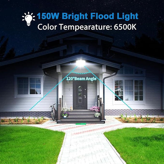 LED Flood Lights Outdoor, 2 Pack 150W 15000LM Bright Exterior Floodlight, IP65 Waterproof LED Work Lights, 6500K Daylight White, Plug in Flood Light Outdoor for Yard, Garden, Lawn, Backyard