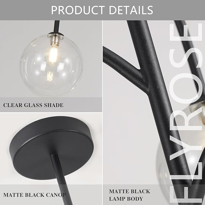 3-Light Clear Glass Globe Chandelier Farmhouse Black Pendant Lights Kitchen Island Light Modern Dining Room Chandelier Mid Century Sputnik Ceiling Light Fixture