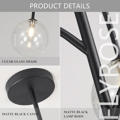 3-Light Clear Glass Globe Chandelier Farmhouse Black Pendant Lights Kitchen Island Light Modern Dining Room Chandelier Mid Century Sputnik Ceiling Light Fixture