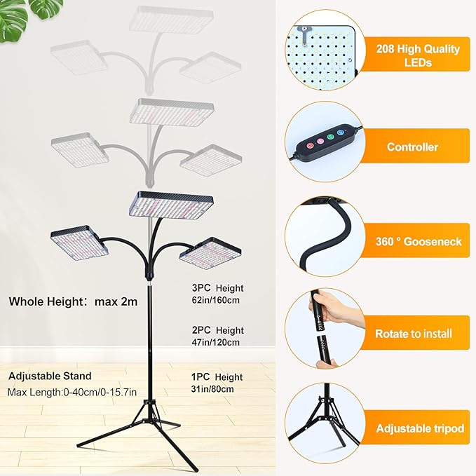 FECiDA 2026 3Head Grow Lights with Upgraded Stand, Big Coverage Grow Lights for Indoor Large Plants, Bonsai Tree, 4/8/12/16/20 Hr Timer, 75 Watt Power Draw, NO Need Adapter, 24"-76" Height Adjustable